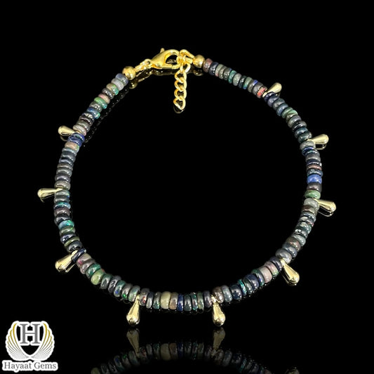Black Opal Beaded Bracelet: Sterling Silver, 14K Gold Finish