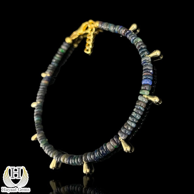 Black Opal Beaded Bracelet: Sterling Silver, 14K Gold Finish