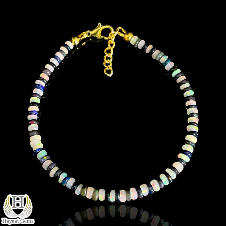 Ethiopian Opal Bracelet: Black & White Beads, Sterling Silver, Dainty Minimalist