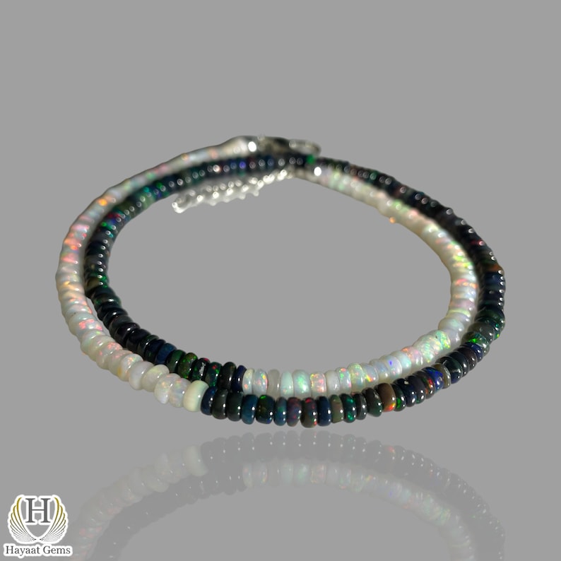 Ethiopian Black and White Opal Necklace, Sterling Silver Beaded Jewelry