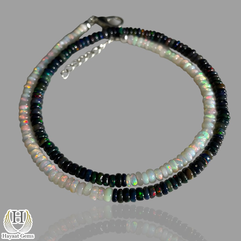 Ethiopian Black and White Opal Necklace, Sterling Silver Beaded Jewelry