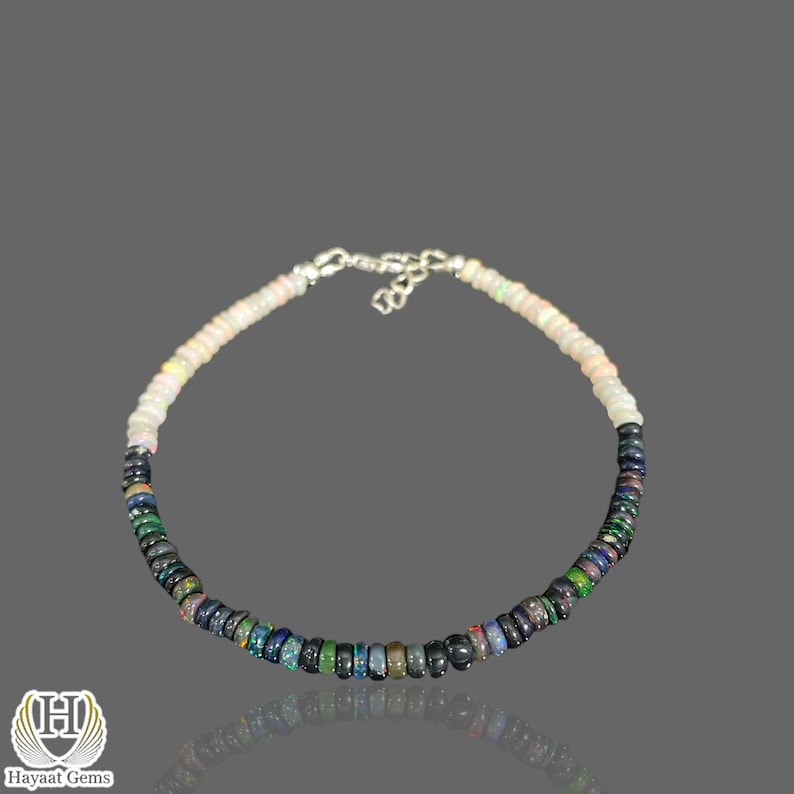 Ethiopian Opal Bracelet: Black & White Gemstone Beads, 925 Sterling Silver