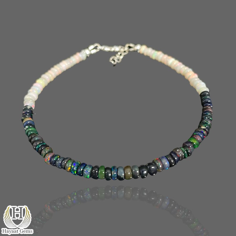 Ethiopian Opal Bracelet: Black & White Gemstone Beads, 925 Sterling Silver