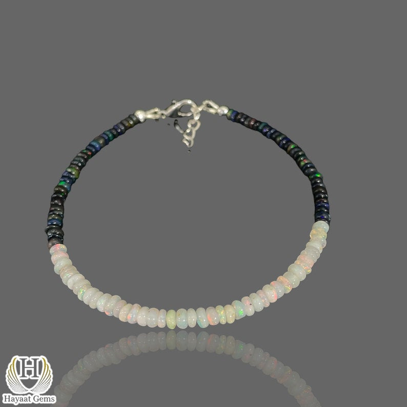 Ethiopian Opal Beaded Bracelet: Black & White Opal, Sterling Silver