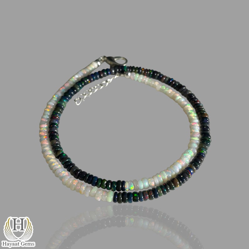 Ethiopian Black and White Opal Necklace, Sterling Silver Beaded Jewelry