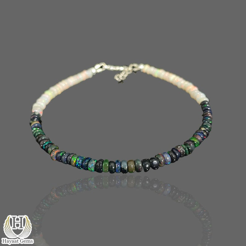 Ethiopian Opal Bracelet: Black & White Gemstone Beads, 925 Sterling Silver