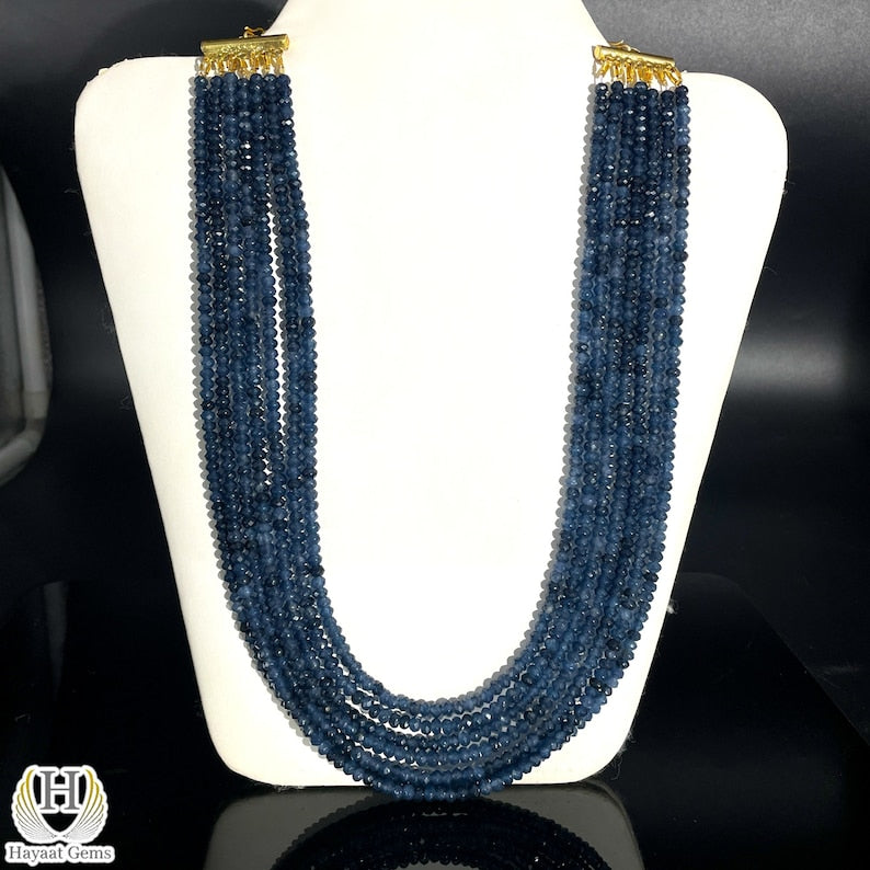 Blue Sapphire 7-Line Faceted Beaded Necklace: AAA Gemstone, Silver/Gold Plated