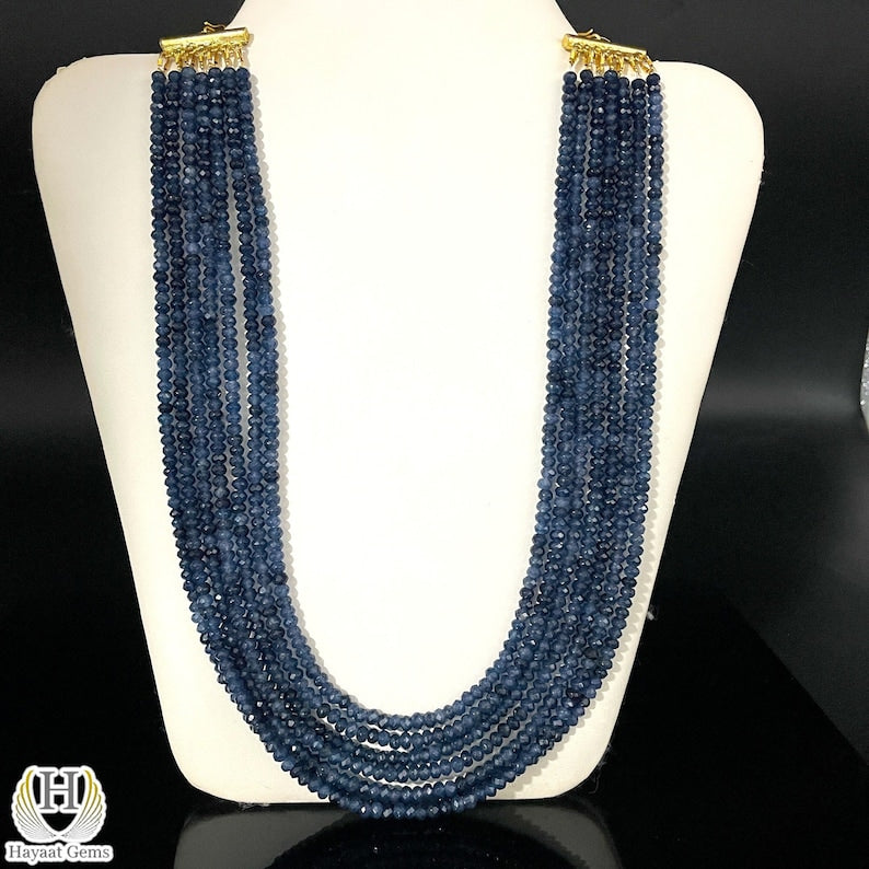 AAA Blue Sapphire Faceted 7-Line Necklace: Silver & Gold Filled