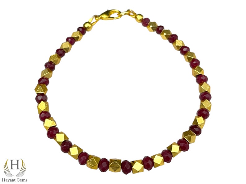 Red Ruby Charm Bracelet: Gold Beaded Sterling Silver, Dainty Handmade Jewelry