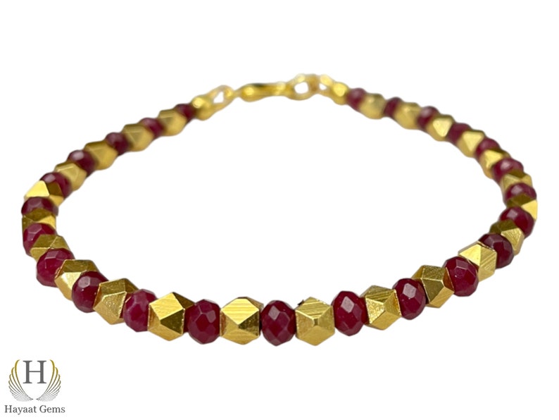 Red Ruby Charm Bracelet: Gold Beaded Sterling Silver, Dainty Handmade Jewelry