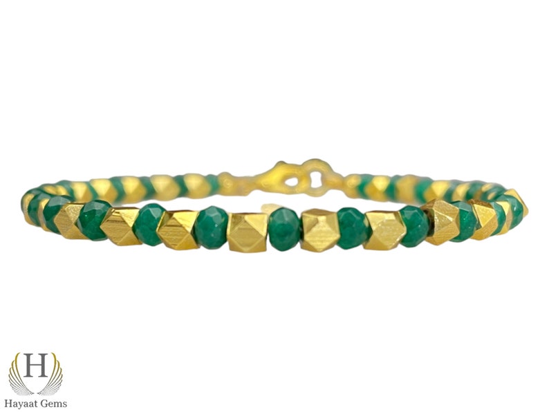 Emerald Faceted Beaded Bracelet: Zambian Green Gemstone, Sterling Silver