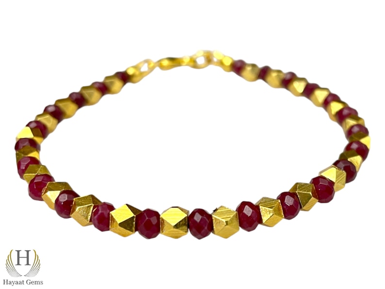 Red Ruby Charm Bracelet: Gold Beaded Sterling Silver, Dainty Handmade Jewelry