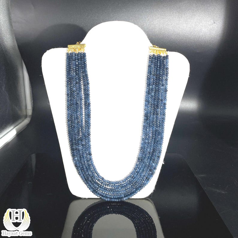 faceted Blue Sapphire 7-Line Necklace: Gold Filled Beaded Jewelry