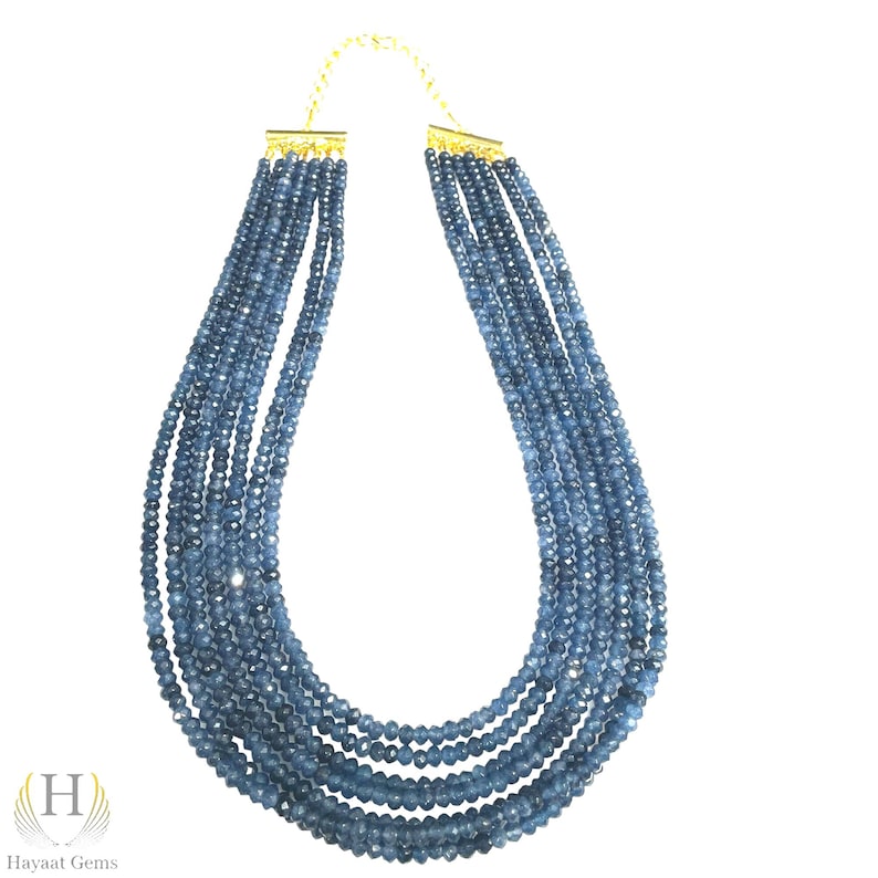 faceted Blue Sapphire 7-Line Necklace: Gold Filled Beaded Jewelry
