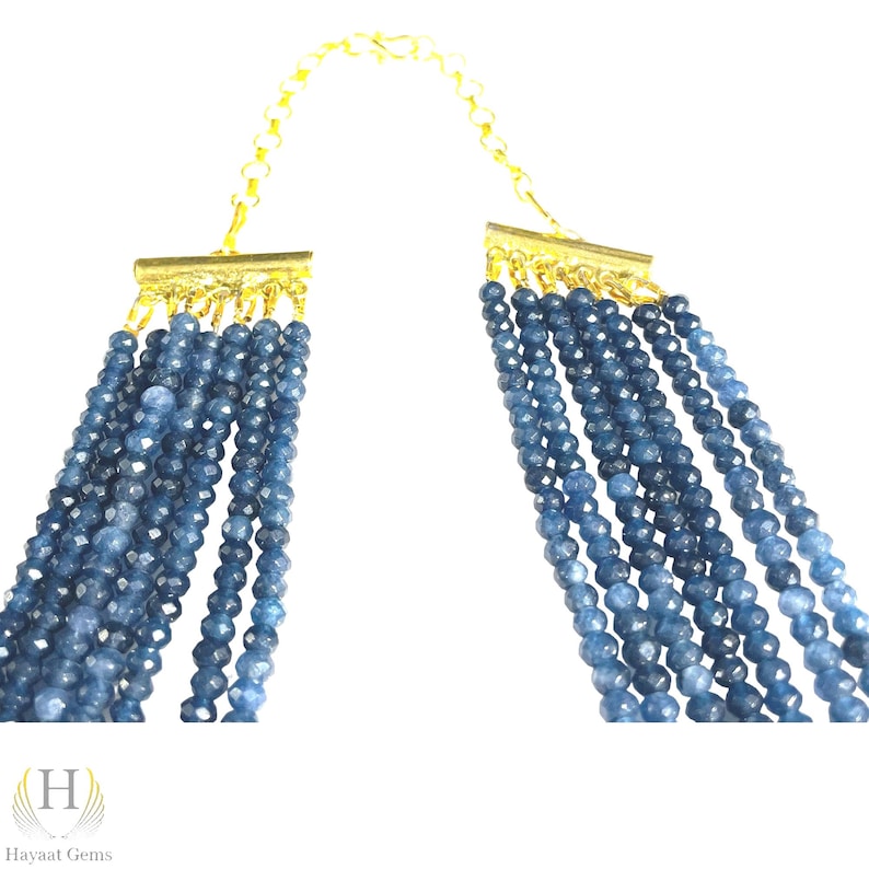 faceted Blue Sapphire 7-Line Necklace: Gold Filled Beaded Jewelry
