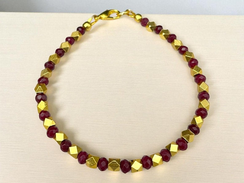 Red Ruby Charm Bracelet: Gold Beaded Sterling Silver, Dainty Handmade Jewelry
