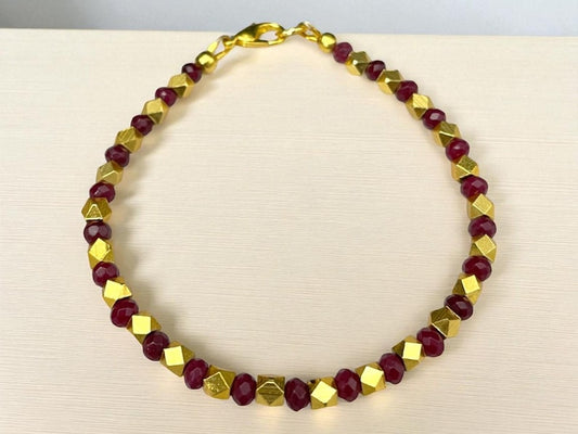 Red Ruby Charm Bracelet: Gold Beaded Sterling Silver, Dainty Handmade Jewelry