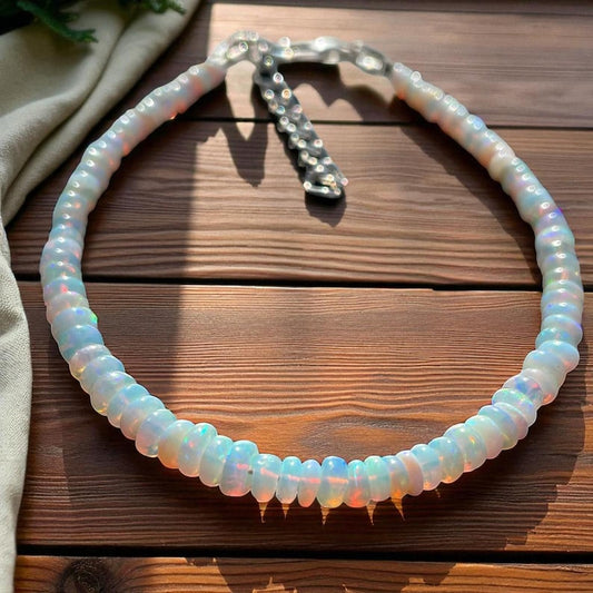 Ethiopian Opal Beads Bracelet: Natural White Opal, Multi-Fire Gemstone