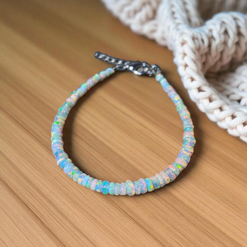 White Ethiopian Opal Beaded Bracelet: Sterling Silver, Handmade Jewelry