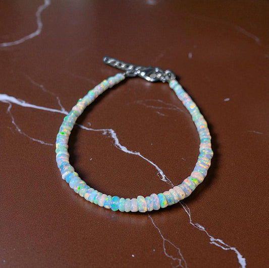 AAA Ethiopian Opal Beaded Bracelet: Sterling Silver, Rainbow Fire