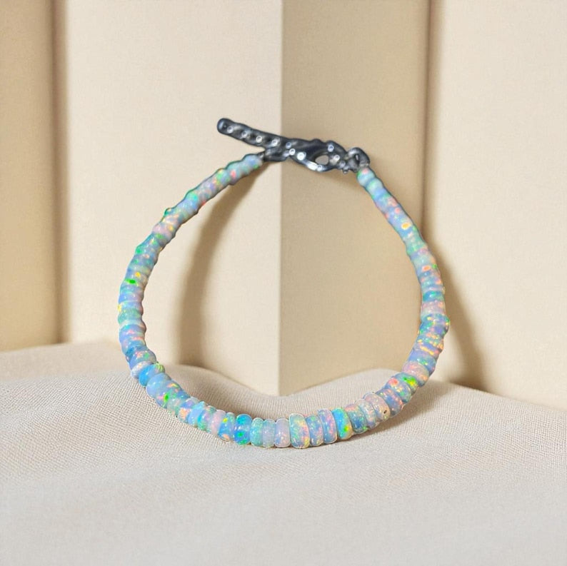 Ethiopian Opal Beaded Bracelet: Sterling Silver, Handmade Jewelry