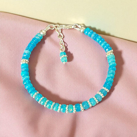 Paraiba Opal Beaded Bracelet: Sterling Silver, Rainbow Fire