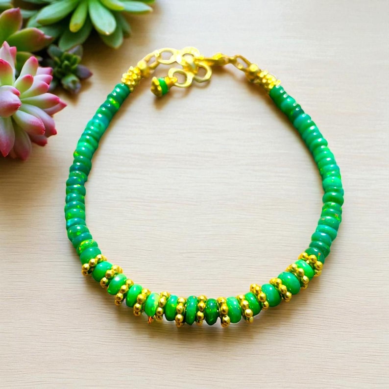 Green Opal Charm Bracelet: Gold Beaded Sterling Silver, Dainty Handmade Jewelry