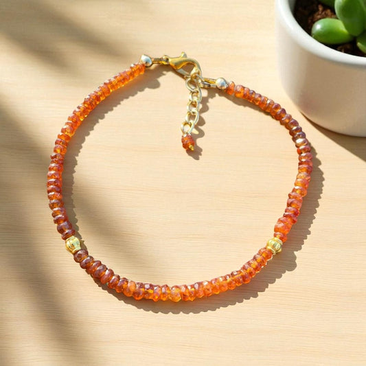 Faceted Hessonite Gemstone Bracelet - Earthy Beaded Strand Design