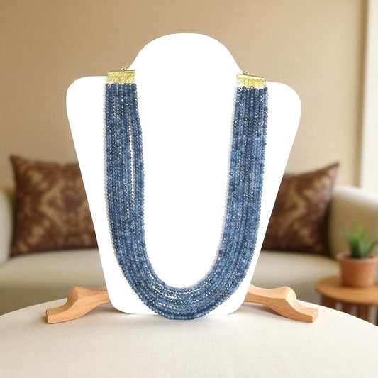 faceted Blue Sapphire 7-Line Necklace: Gold Filled Beaded Jewelry