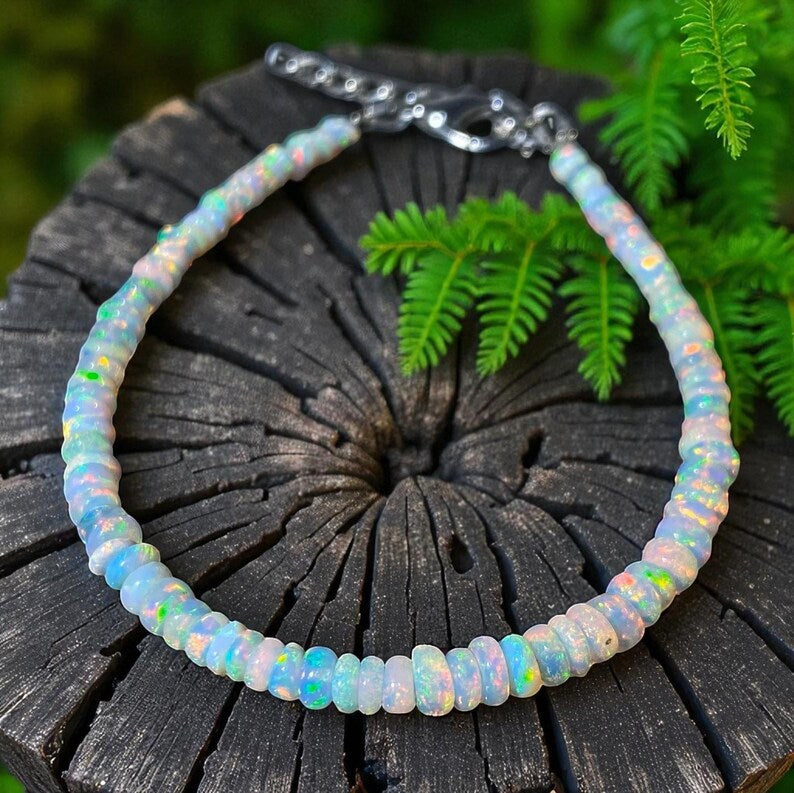 Ethiopian Opal Beaded Bracelet: 925 Sterling Silver, Handmade