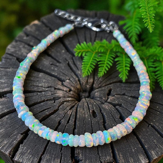 Ethiopian Opal Beaded Bracelet: 925 Sterling Silver, Handmade