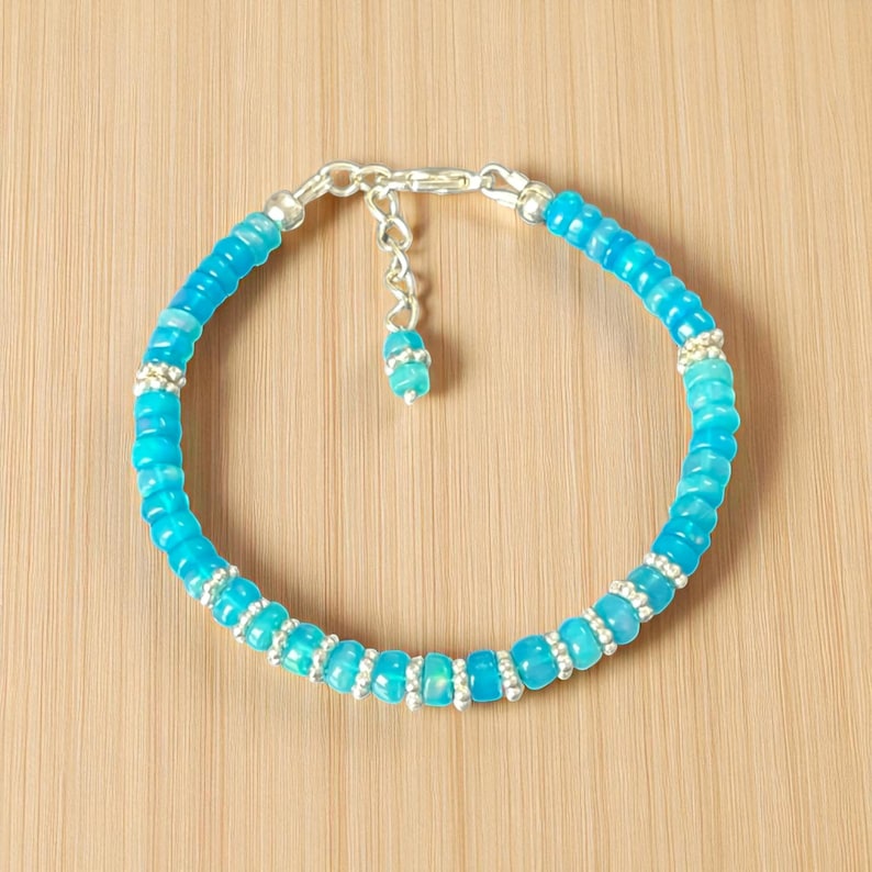 Ethiopian Opal Bracelet: Rainbow Fire Beads, Sterling Silver, Dainty Gemstone