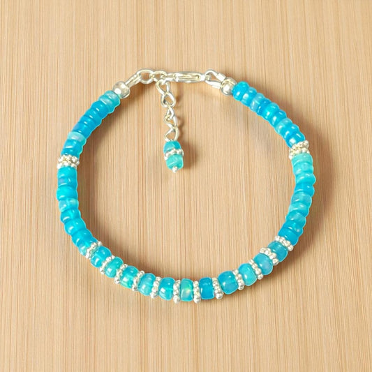 Ethiopian Opal Bracelet: Rainbow Fire Beads, Sterling Silver, Dainty Gemstone