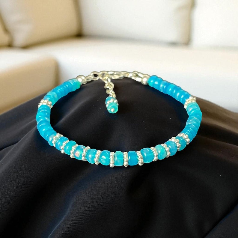 Paraiba Ethiopian Opal Beaded Bracelet: Sterling Silver Vintage Fire