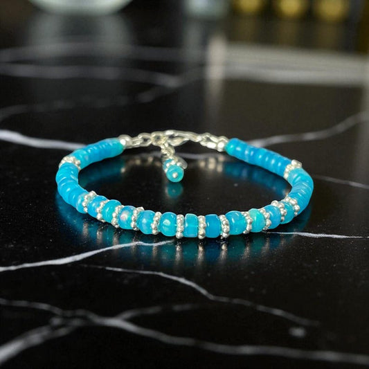 Ethiopian Opal Bracelet: Sterling Silver, Rainbow Fire Beads