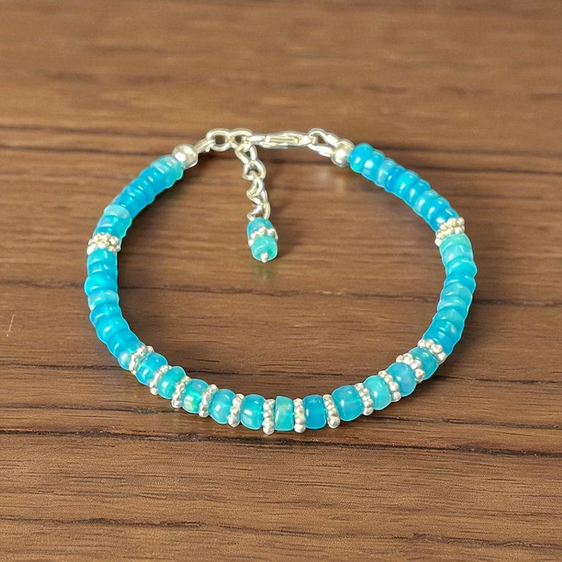 Ethiopian Opal Beaded Bracelet: Sterling Silver, Rainbow Fire, October Birthstone