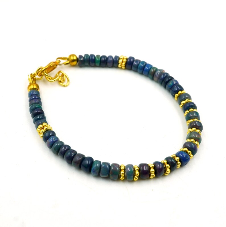 Natural Multi Fire Black Opal Cabochon Bracelet, Gold Accent Beads, Ethiopian Opal Jewelry