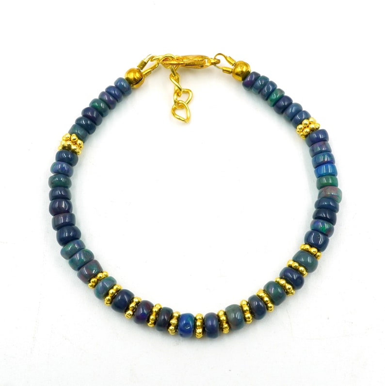 Natural Multi Fire Black Opal Cabochon Bracelet, Gold Accent Beads, Ethiopian Opal Jewelry