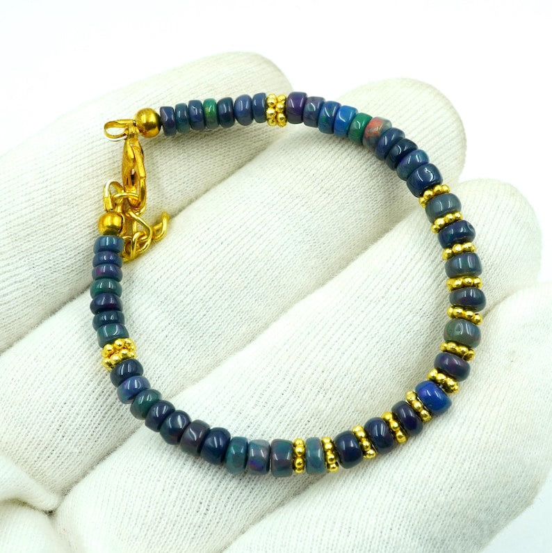 Natural Multi Fire Black Opal Cabochon Bracelet, Gold Accent Beads, Ethiopian Opal Jewelry