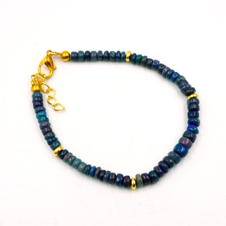 Natural Black Ethiopian Opal Multi Fire Cabochon Bracelet, Gold Accent Beads, Opal Jewelry