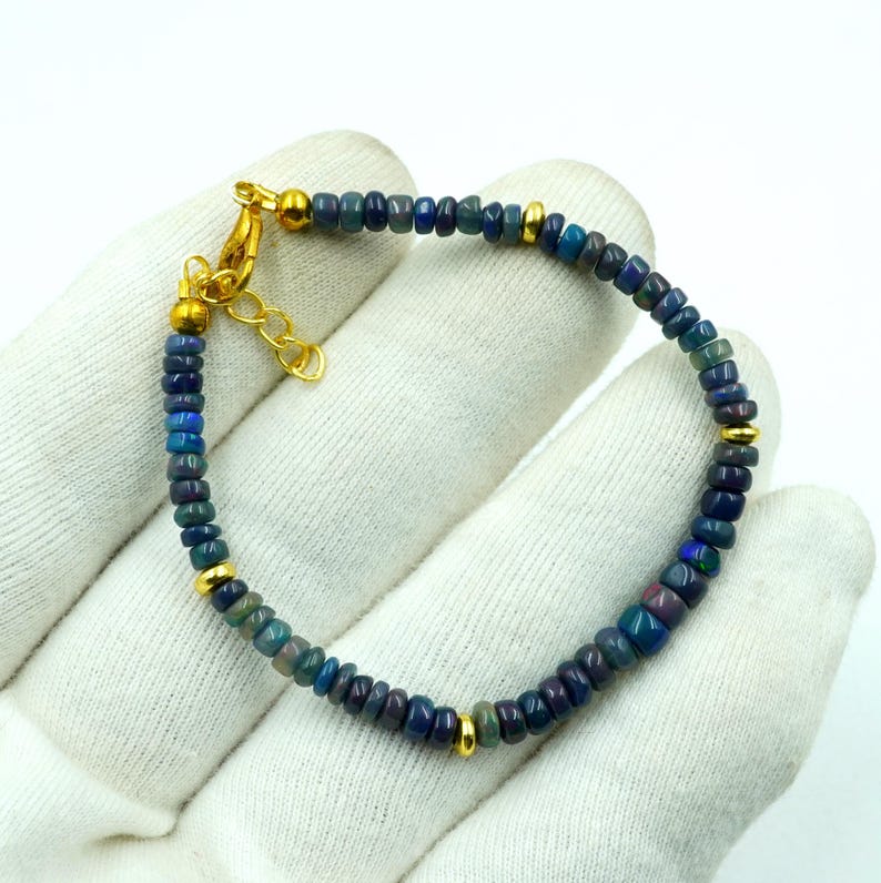Natural Black Ethiopian Opal Multi Fire Cabochon Bracelet, Gold Accent Beads, Opal Jewelry