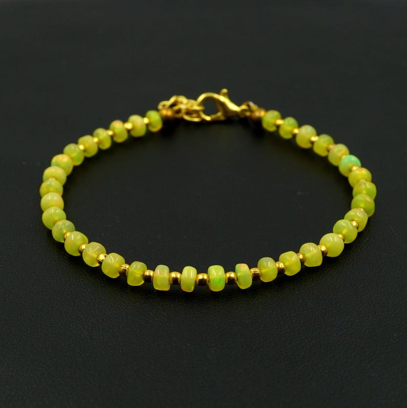 Natural Yellow Opal Roundel Beads Bracelet, Ethiopian Multi Fire Opal Gemstone Jewelry