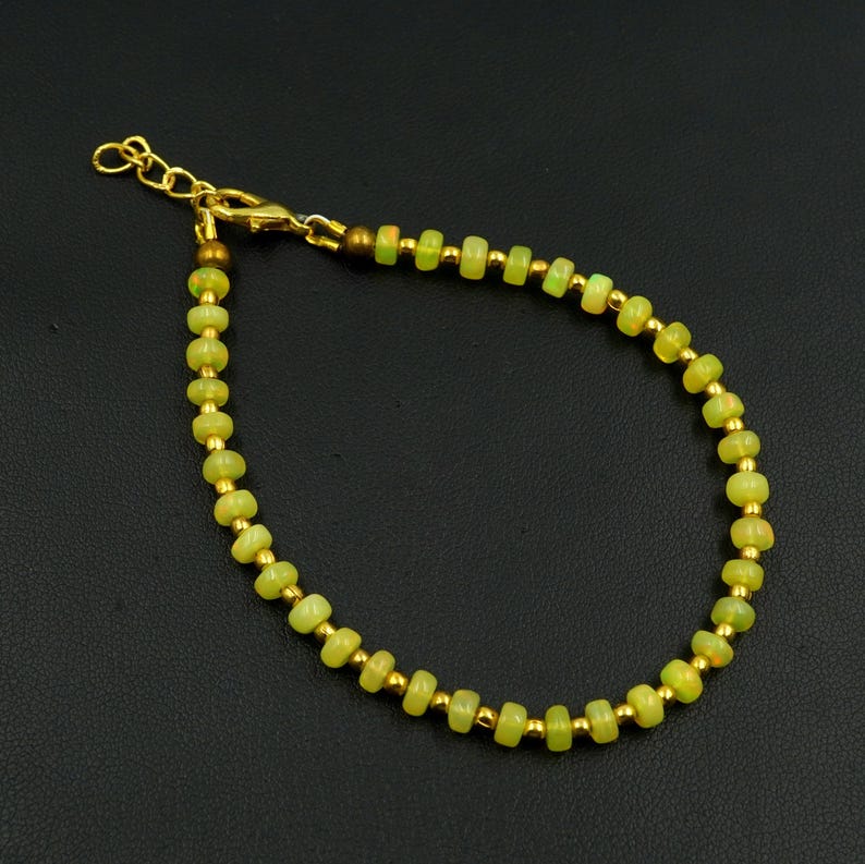 Natural Yellow Opal Roundel Beads Bracelet, Ethiopian Multi Fire Opal Gemstone Jewelry