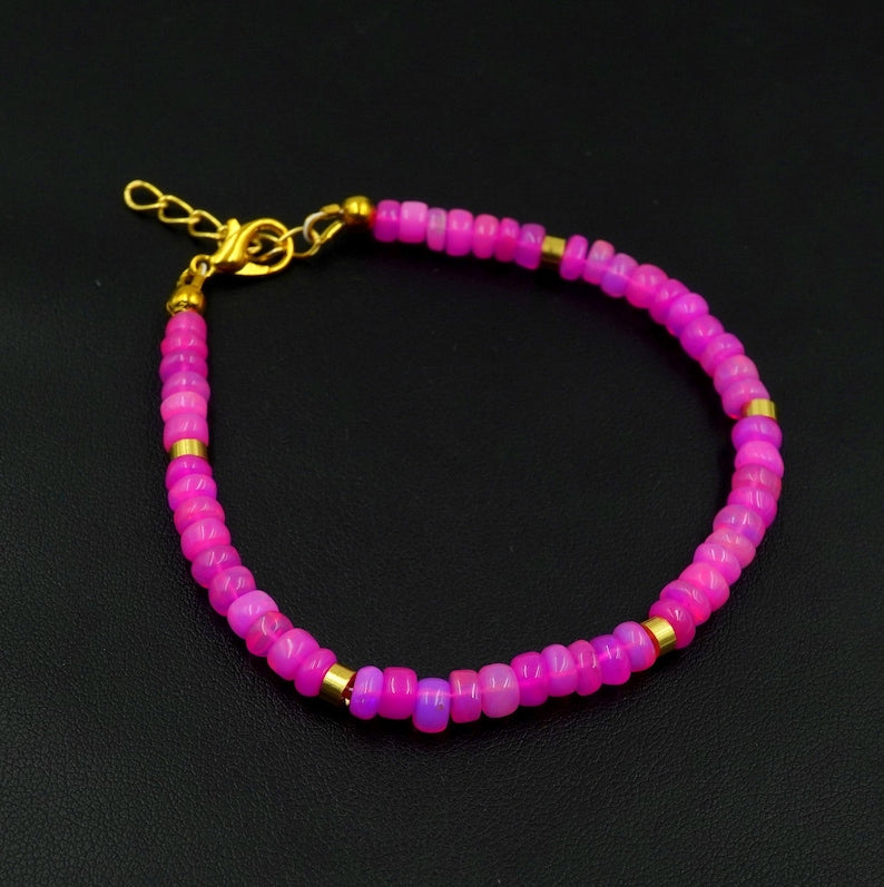Natural Pink Opal Roundel Beads Bracelet, Ethiopian Multi Fire Gemstone Gift