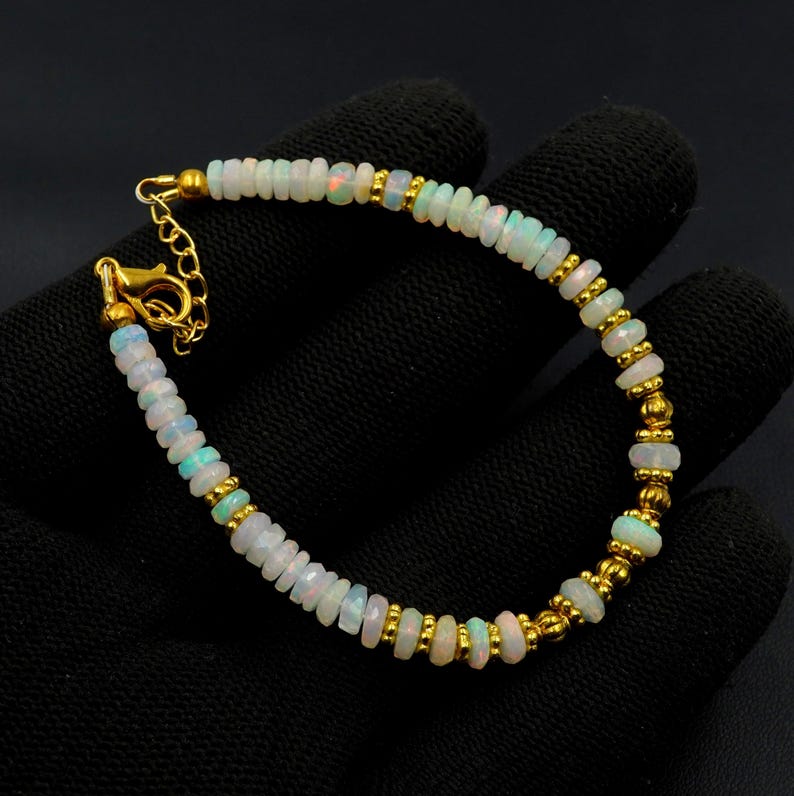 Rainbow Multi Fire Opal Roundel Beads , Gold Natural Ethiopian Opal Bracelet Gift For Her