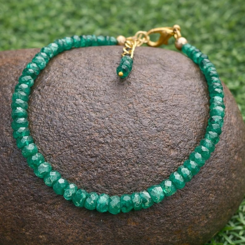 Natural Emerald Beaded Bracelet • Faceted Green Gemstone May Birthstone Jewelry