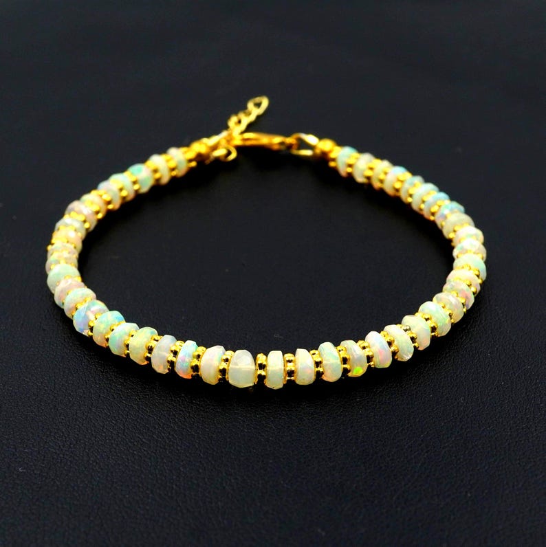 Natural Rainbow Multi Fire Ethiopian Opal Roundel Beads , Gold Opal Bracelet Gift For Her