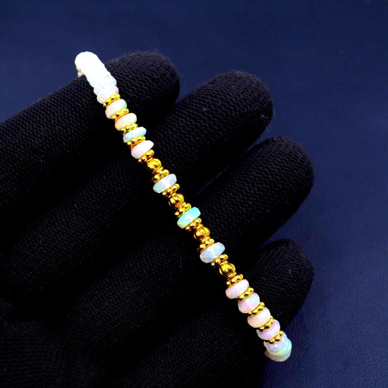 Rainbow Multi Fire Opal Roundel Beads , Gold Natural Ethiopian Opal Bracelet Gift For Her