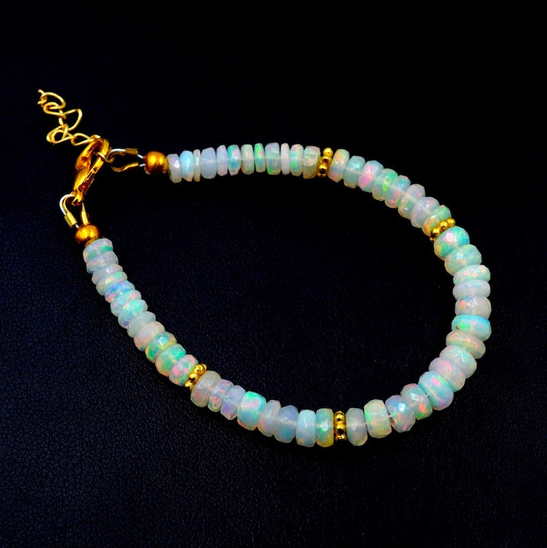 Natural Ethiopian Opal Beads Bracelet, Multi Fire Roundel, Natural Gemstone Jewelry
