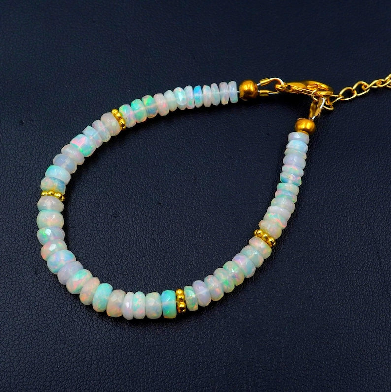 Natural Ethiopian Opal Beads Bracelet, Multi Fire Roundel, Natural Gemstone Jewelry